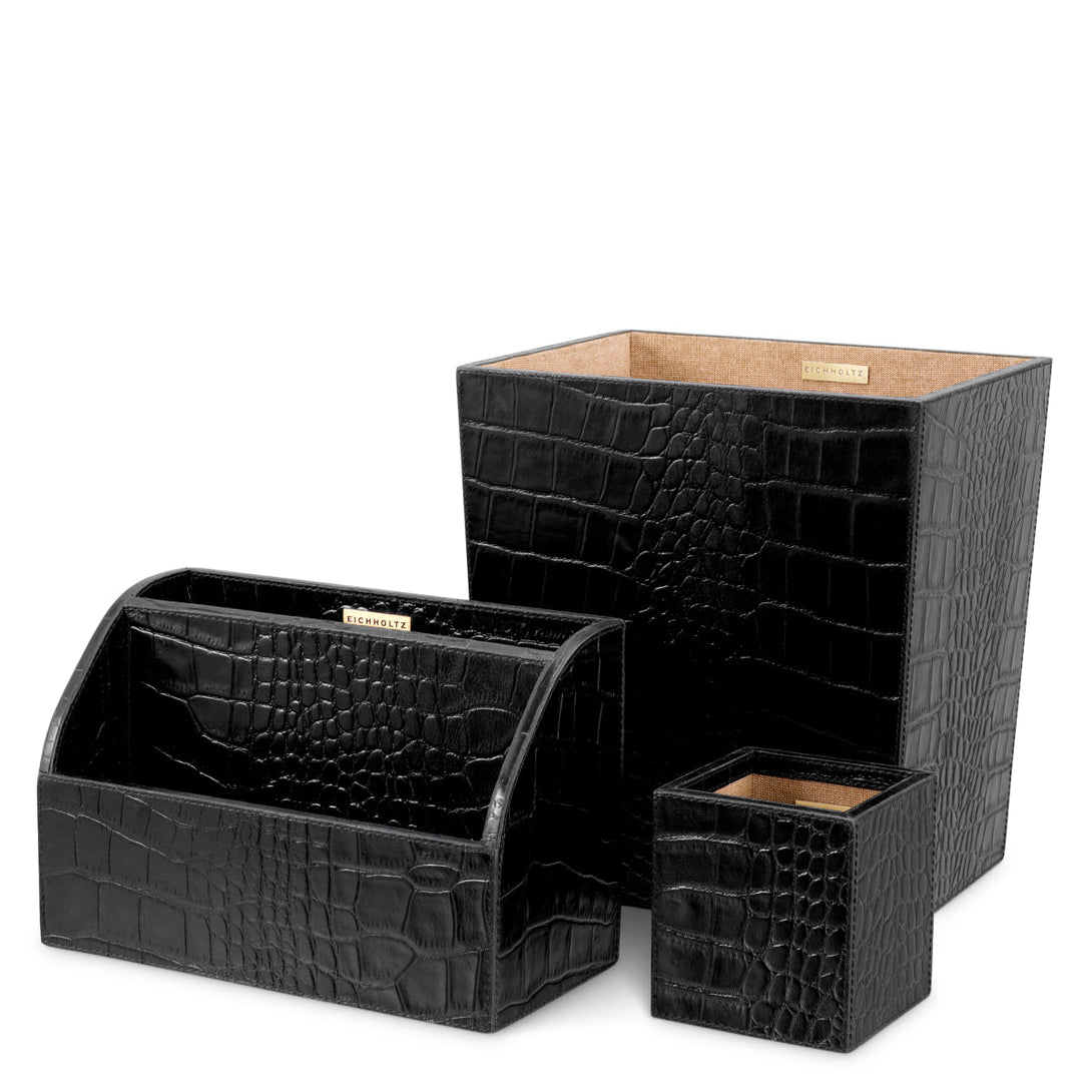 Desk Set Scaleo Set Of 3 Croco Embossed Black Leather Accessories Eichholtz