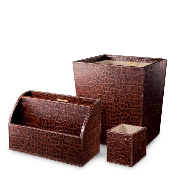 Desk Set Scaleo Set Of 3 Croco Embossed Antique Brown Leather Accessories Eichholtz