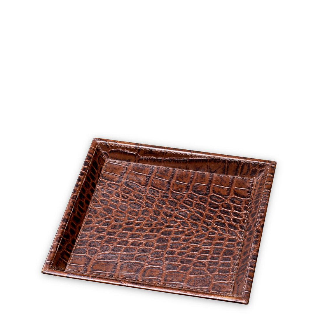 Desk Tray Scaleo Set Of 2 Croco Embossed Antique Brown Leather Accessories Eichholtz