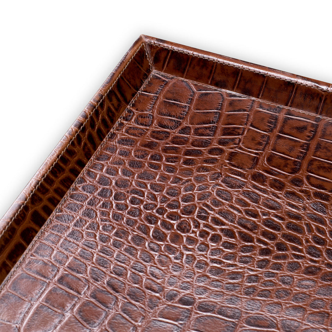 Desk Tray Scaleo Set Of 2 Croco Embossed Antique Brown Leather Accessories Eichholtz