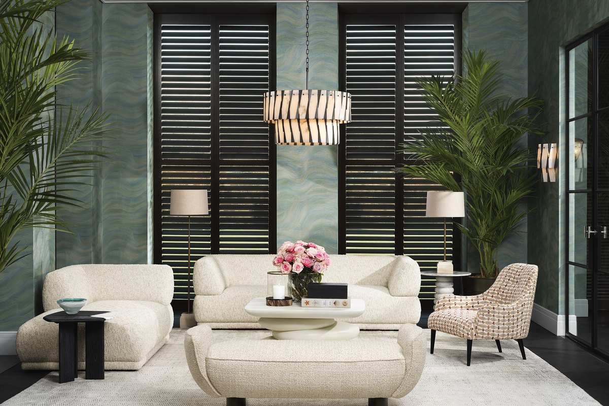 Bold and Iconic living room with Rivington chandelier by Eichholtz